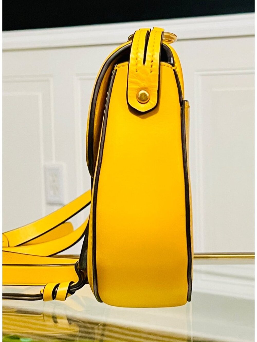 Tory Burch Miller Canvas & Leather Saddle Bag Yellow/Natural Crossbody - Picture 2 of 10